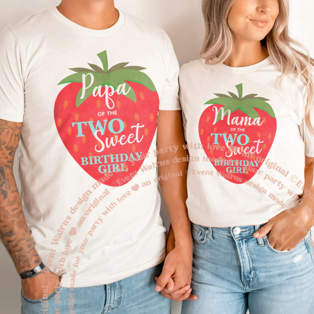 Dad and Mom in white Papa and Mama Two Sweet shirts with a big red strawberry