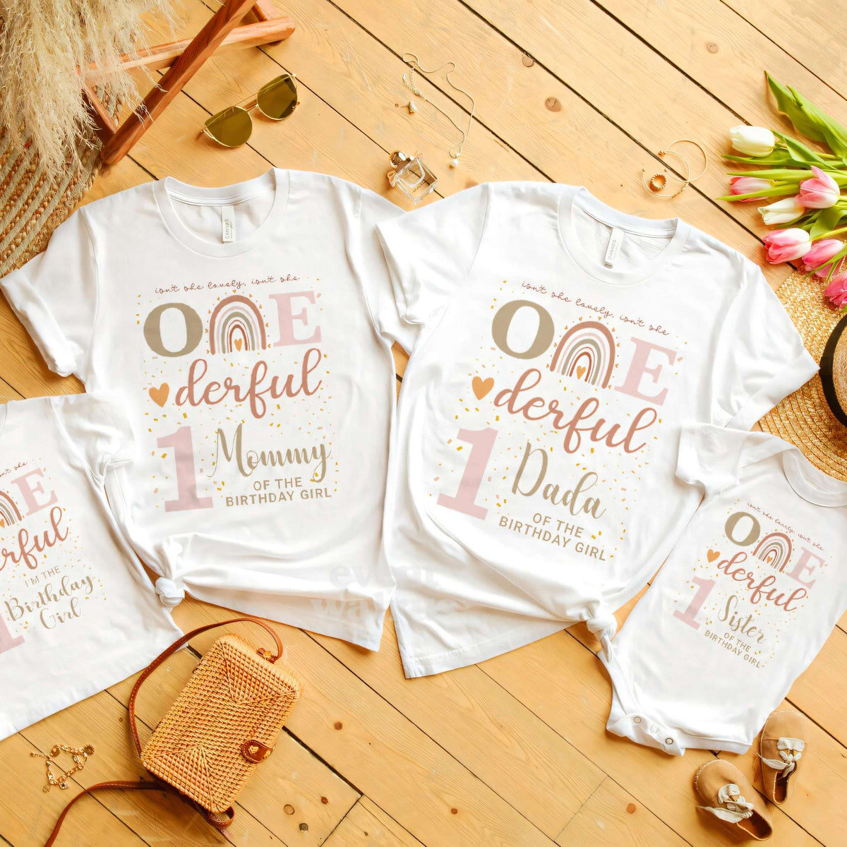 Family set of boho rainbow Onederful shirts for Mommy, Dada, Sister and the birthday girl.