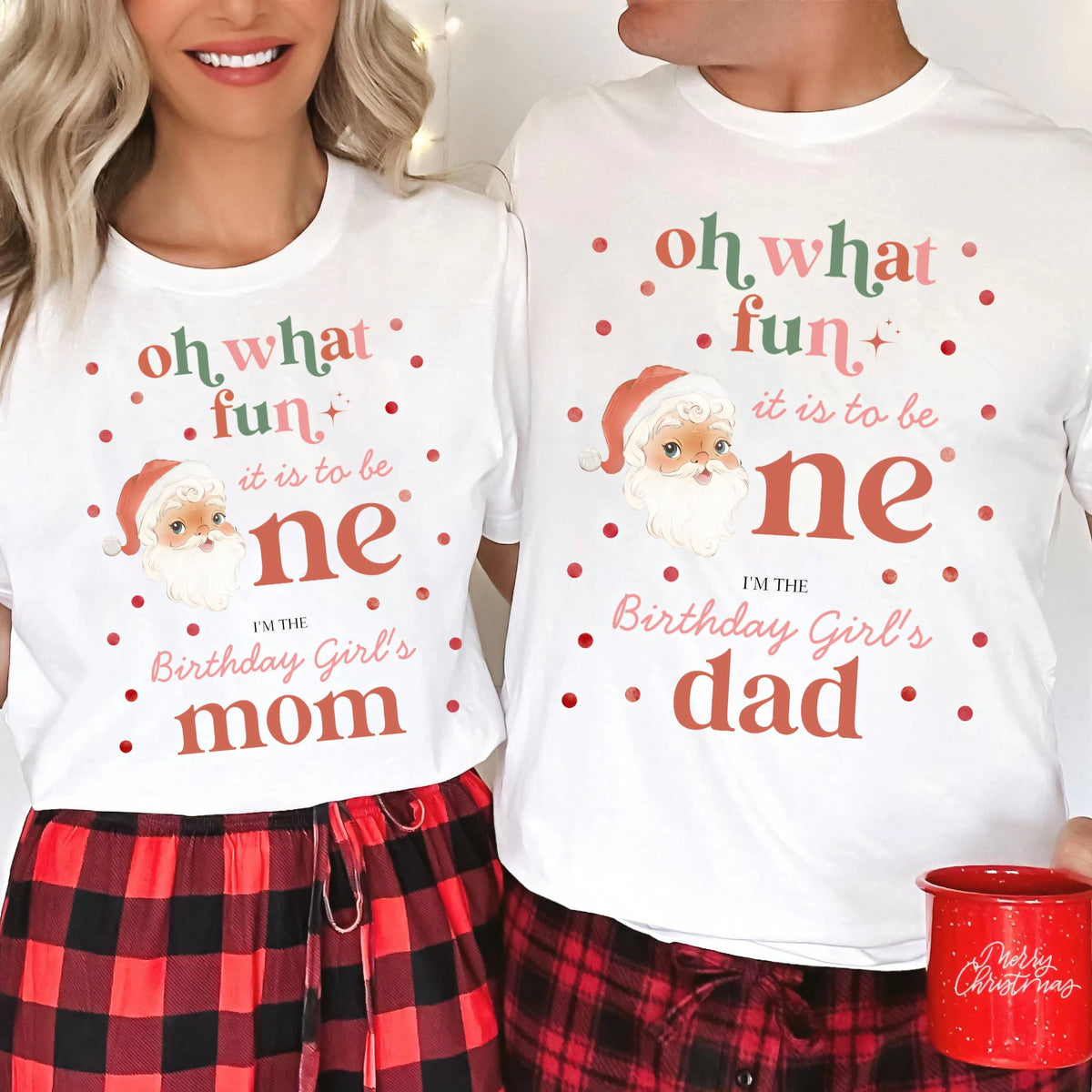 Mom and Dad in plaid pajama pants and white Oh What Fun retro Santa birthday shirts