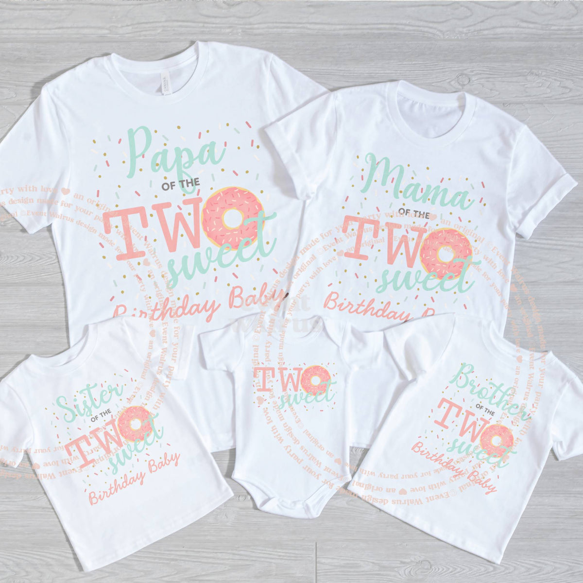 Papa, Mama, Sister, Brother and baby Two Sweet shirts with a pink sprinkle donut for a second birthday