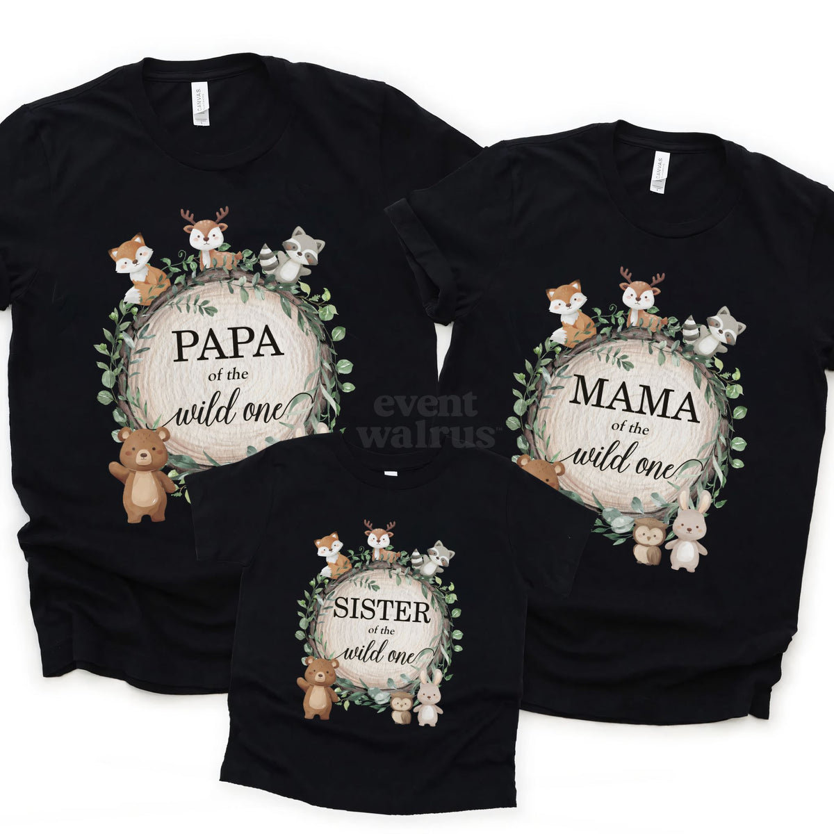 Black Papa, Mama and Sister woodland Wild One shirts with the fox, deer and bear wreath