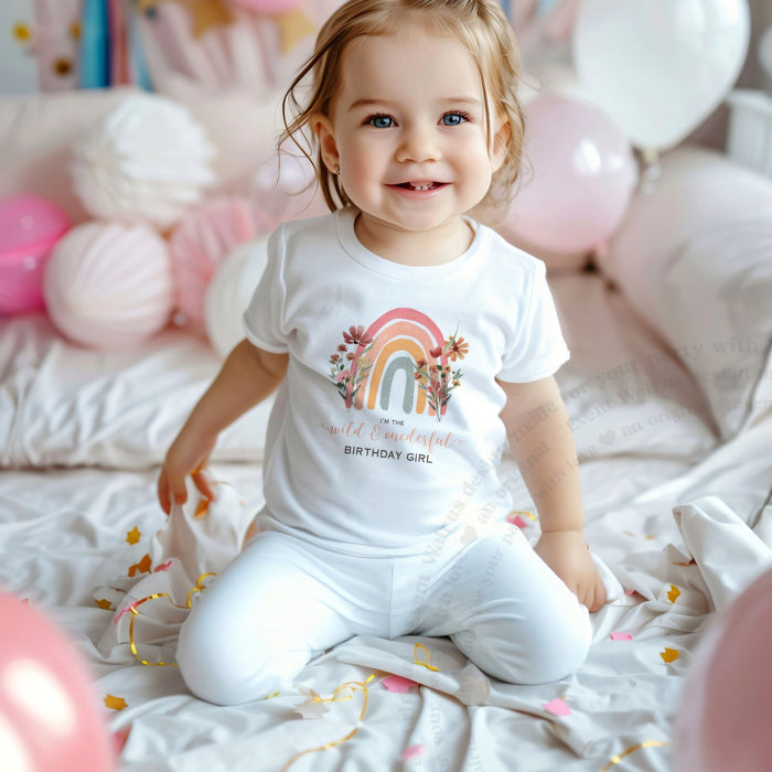 Smiling toddler girl among pink balloons in a white I'm the Wild and Onederful Birthday Girl tee.