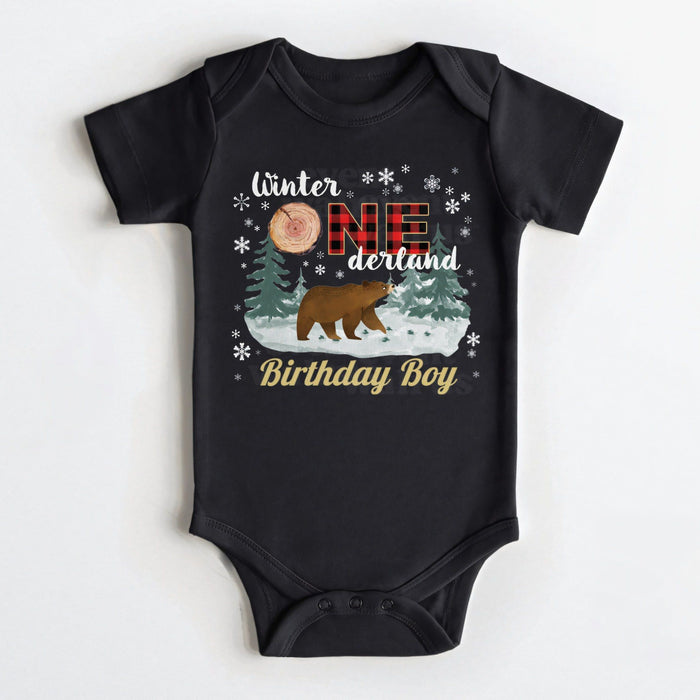 Black Winter Onederland Birthday Boy bodysuit with a bear and red plaid ONE.