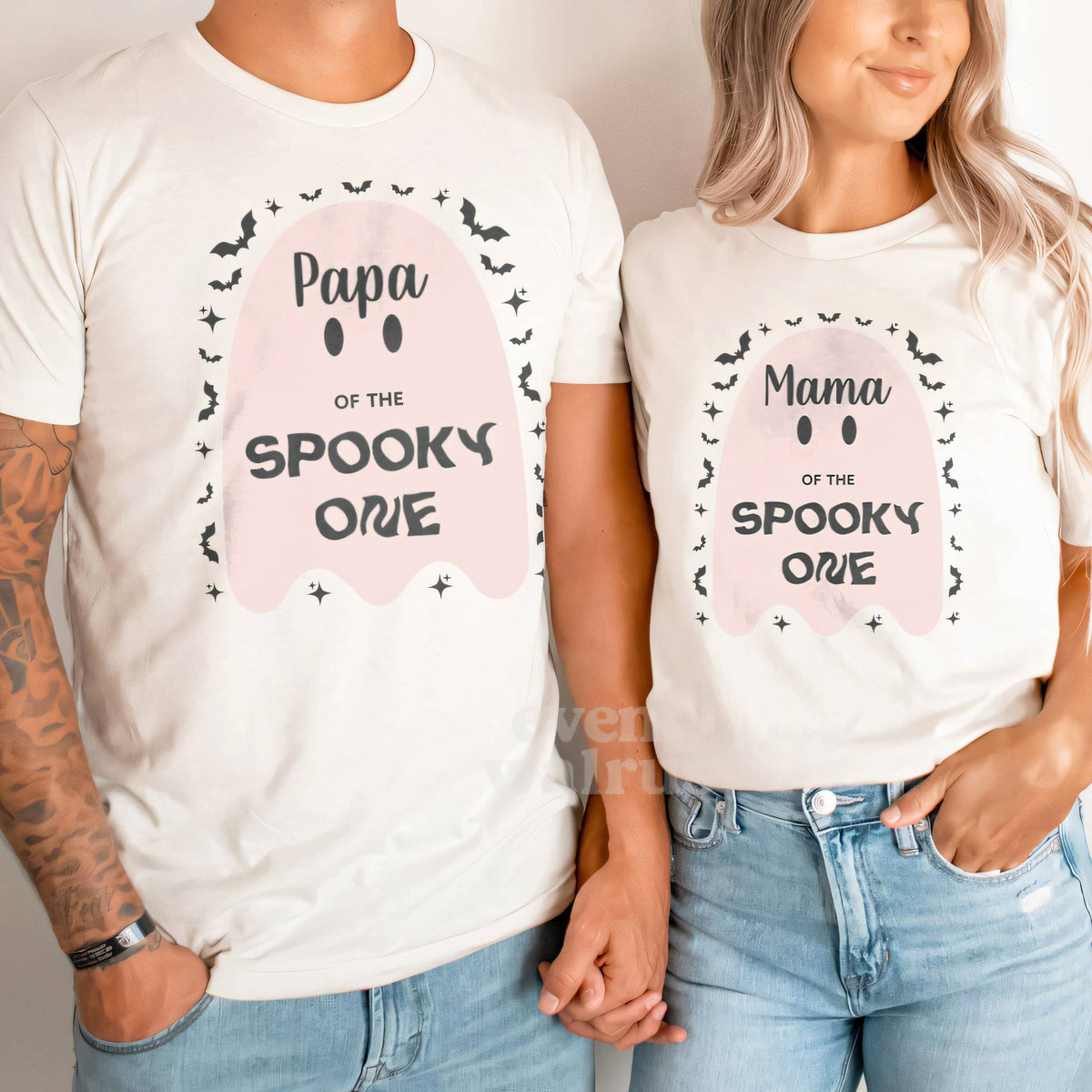 Dad and Mom in white Papa and Mama Spooky One shirts with a big pink ghost