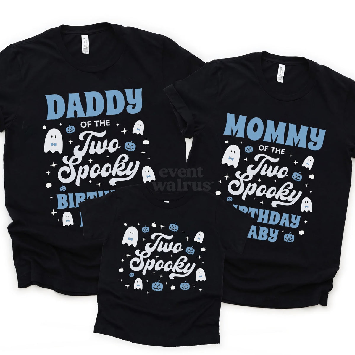 Black Two Spooky Halloween birthday shirts for Daddy, Mommy and the birthday boy.