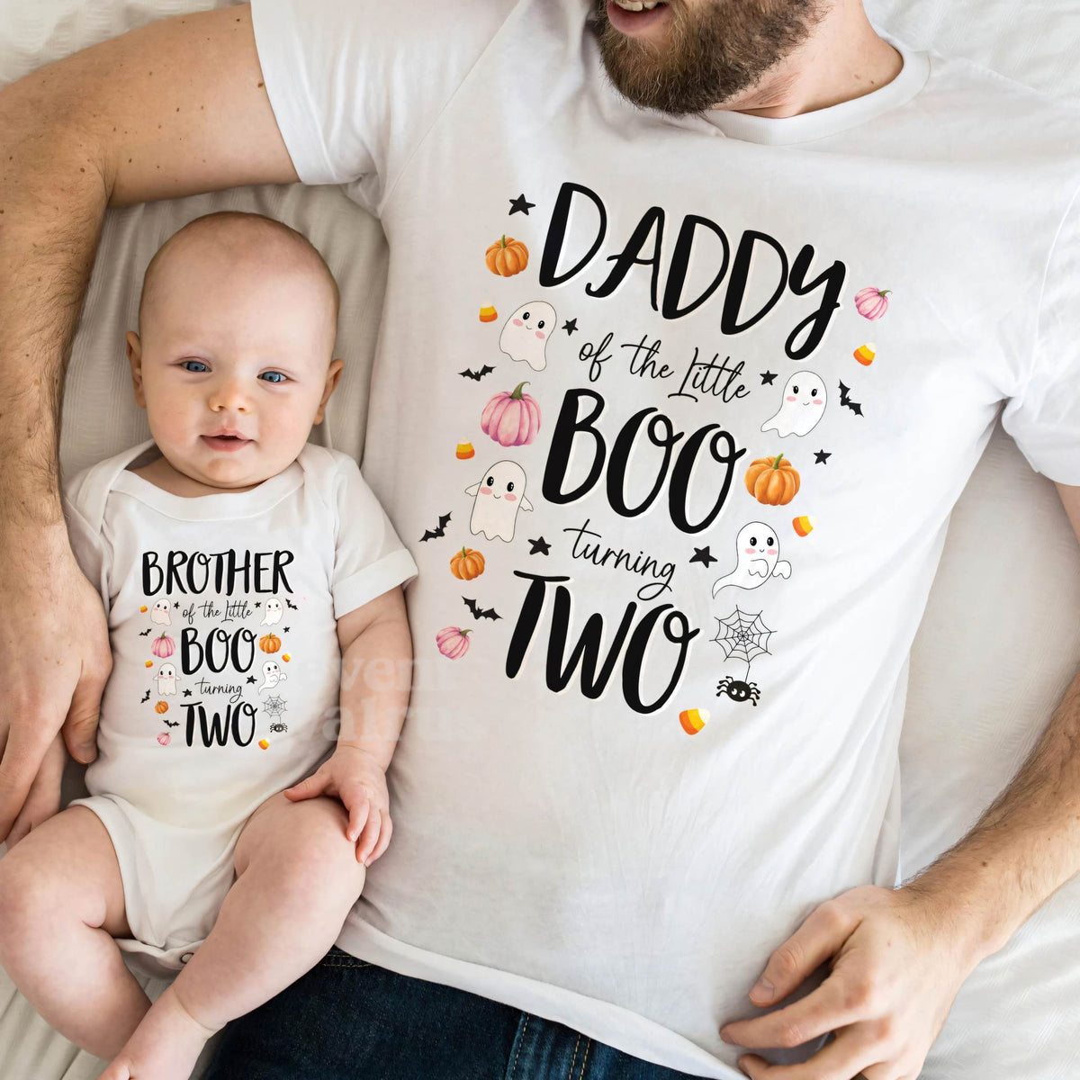 Dad and baby in matching Daddy and Brother Little Boo Turning Two shirts with ghosts and pumpkins