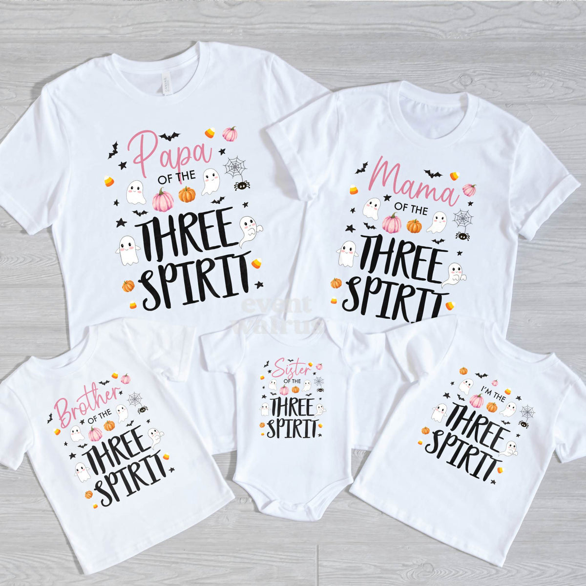 Papa, Mama, Brother, Sister and Birthday Girl Three Spirit shirts with ghosts and pink pumpkins