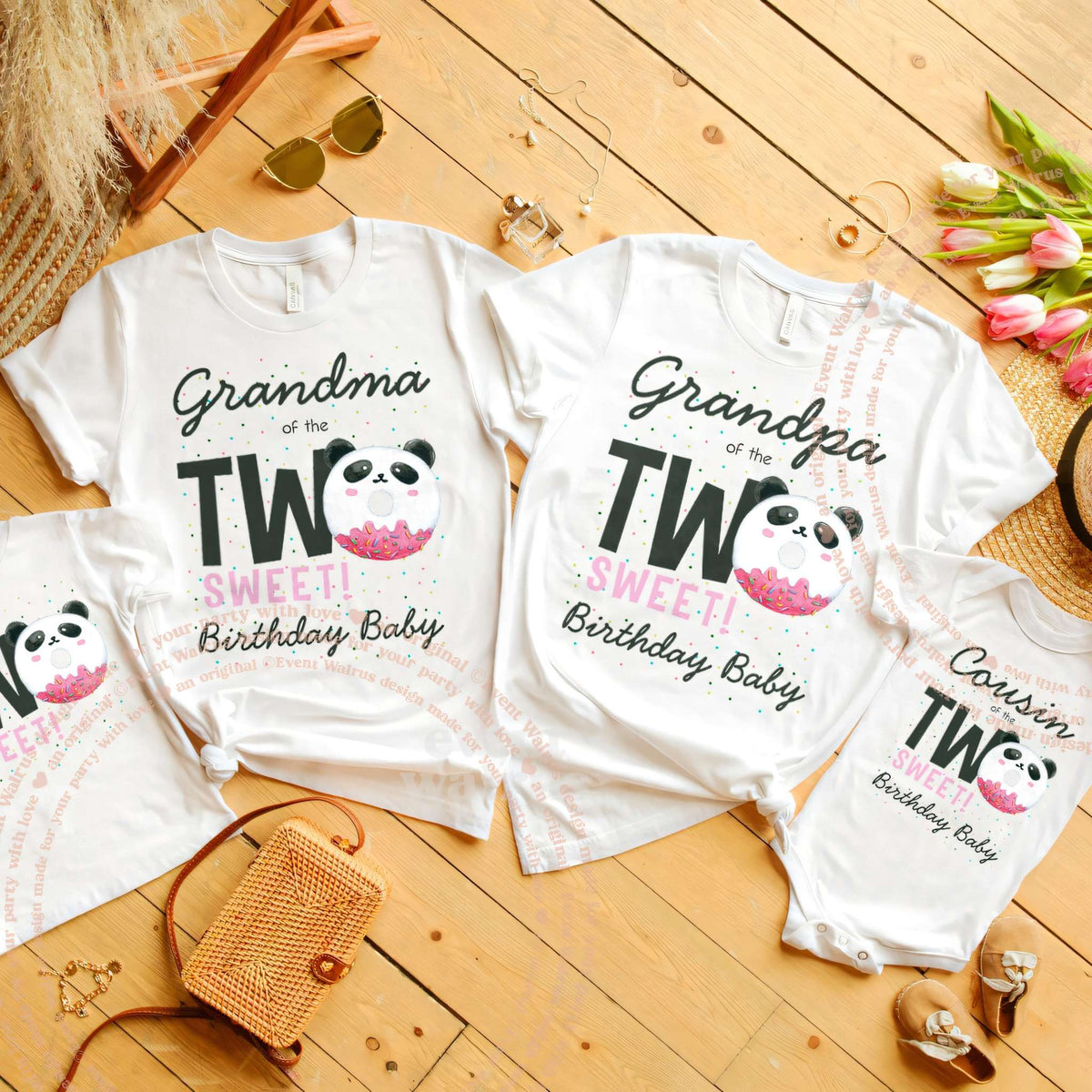 Grandma, Grandpa and family Two Sweet shirts with a panda donut, laid out with tulips
