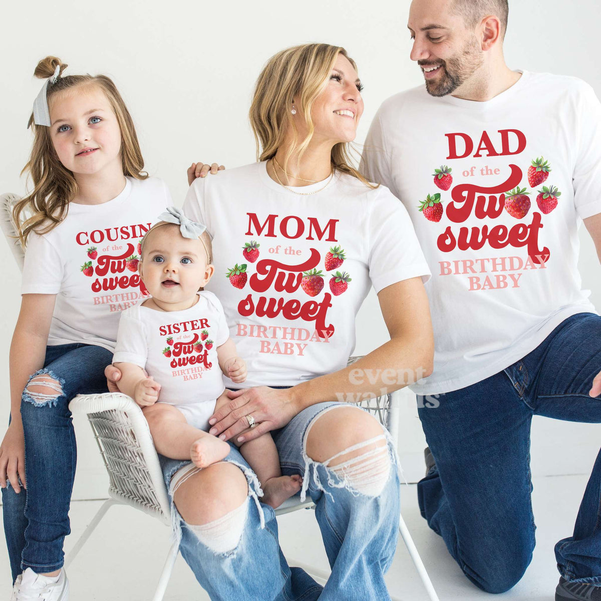 Mom, Dad, cousin and baby sister in white strawberry Two Sweet shirts for a second birthday