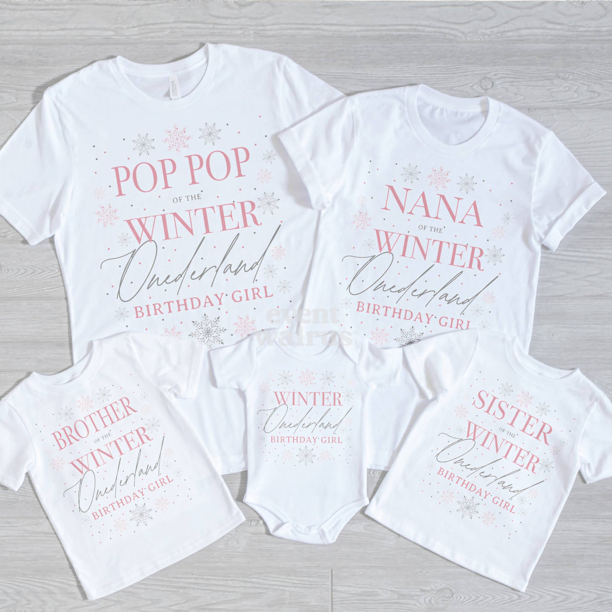 Pop Pop, Nana, Brother, Sister and baby Winter Onederland shirts with pink and silver snowflakes