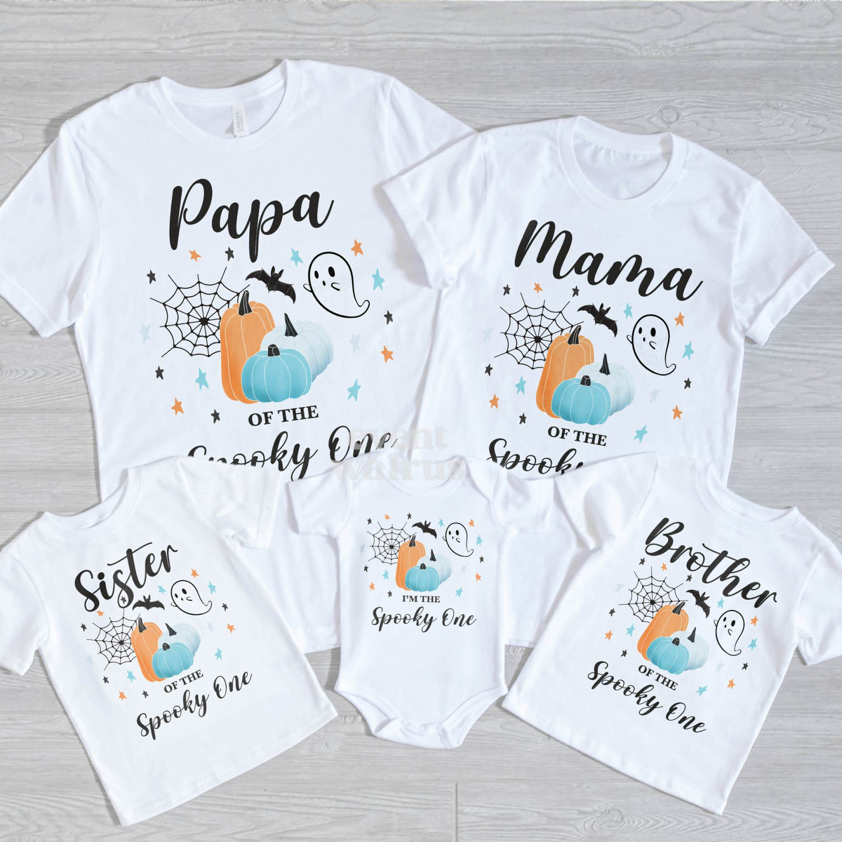 Papa, Mama, Sister, Brother and baby Spooky One shirts with teal and orange pumpkins and a little ghost