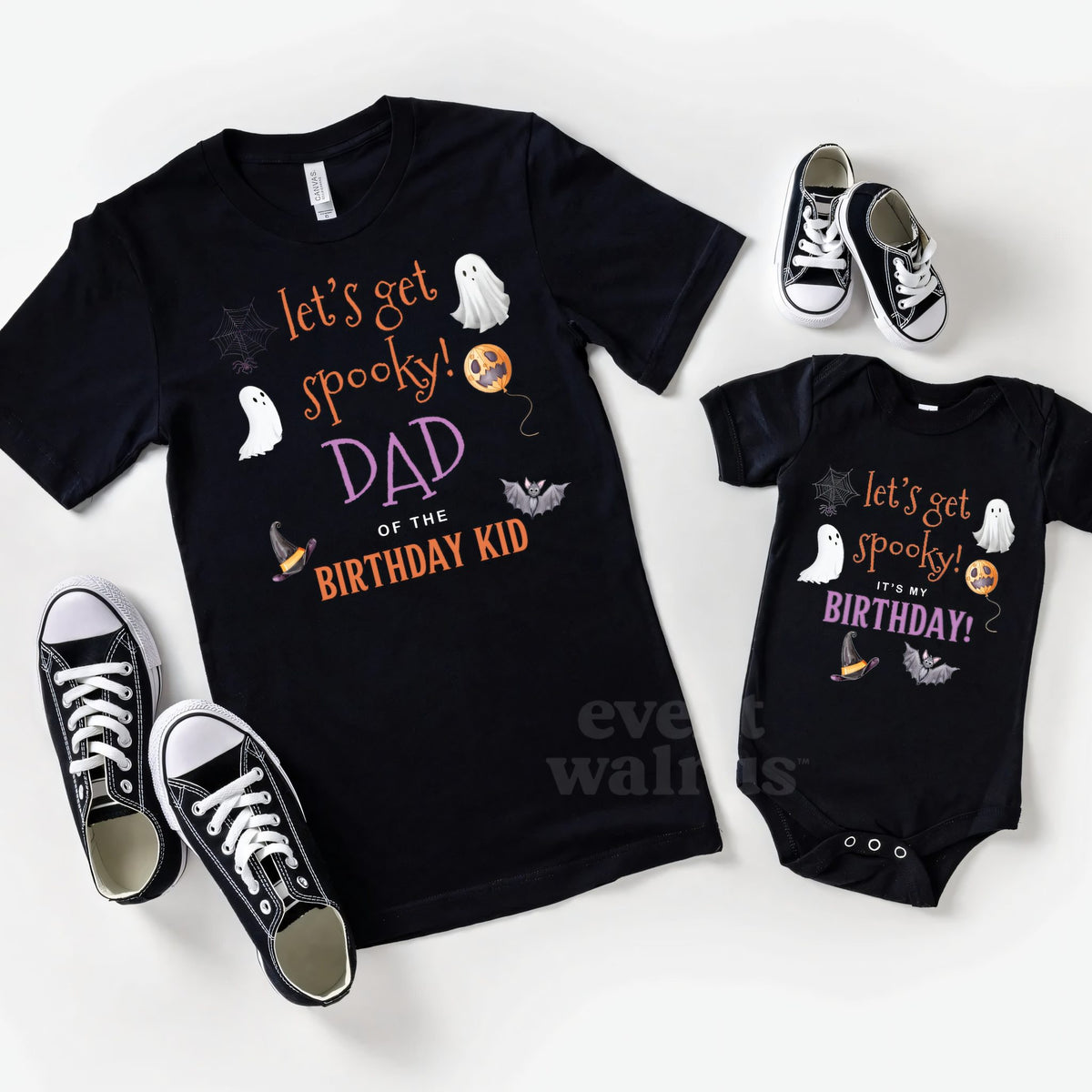 Black Let's Get Spooky Dad tee beside an It's My Birthday bodysuit.