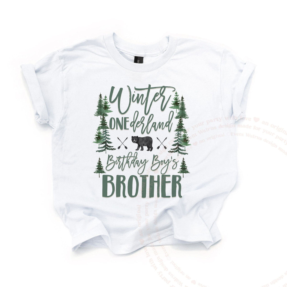 White bear forest Winter ONEderland Brother kids tee laid flat, with green pines and crossed arrows.
