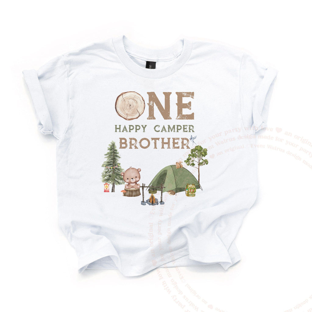 White One Happy Camper Brother kids tee laid flat, with the bear, tent and pine tree.