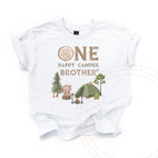 White One Happy Camper Brother kids tee laid flat, with the bear, tent and pine tree.