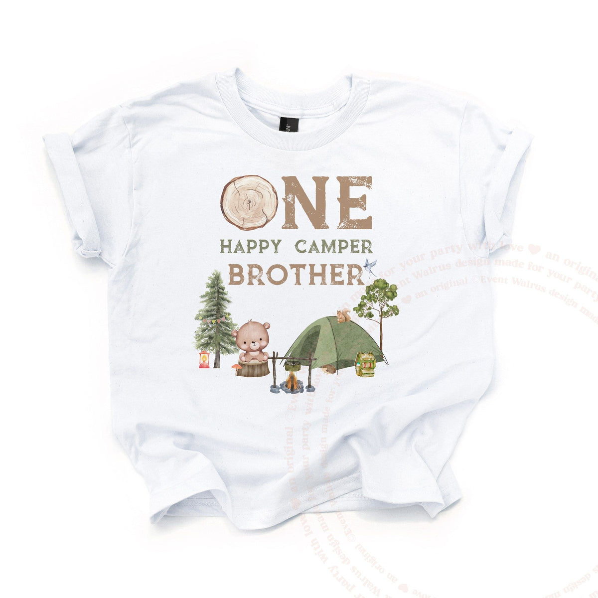 White One Happy Camper Brother kids tee laid flat, with the bear, tent and pine tree.