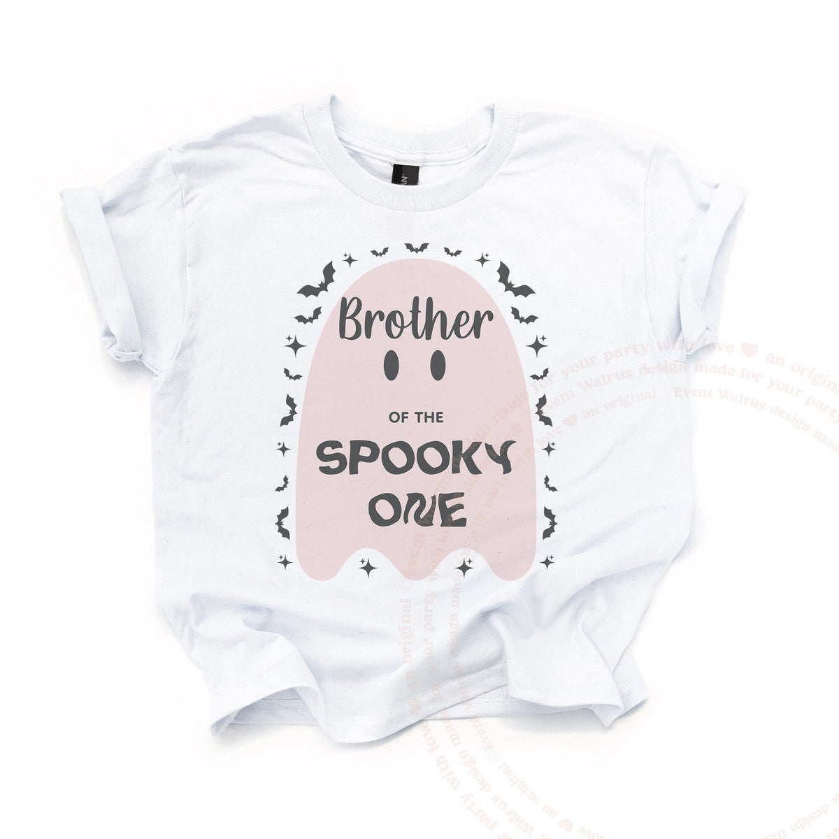 White Brother of the Spooky One kids tee laid flat, with the big blush ghost and tiny bats.
