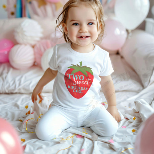 Smiling toddler girl among pink balloons in a white Two Sweet Birthday Girl tee.