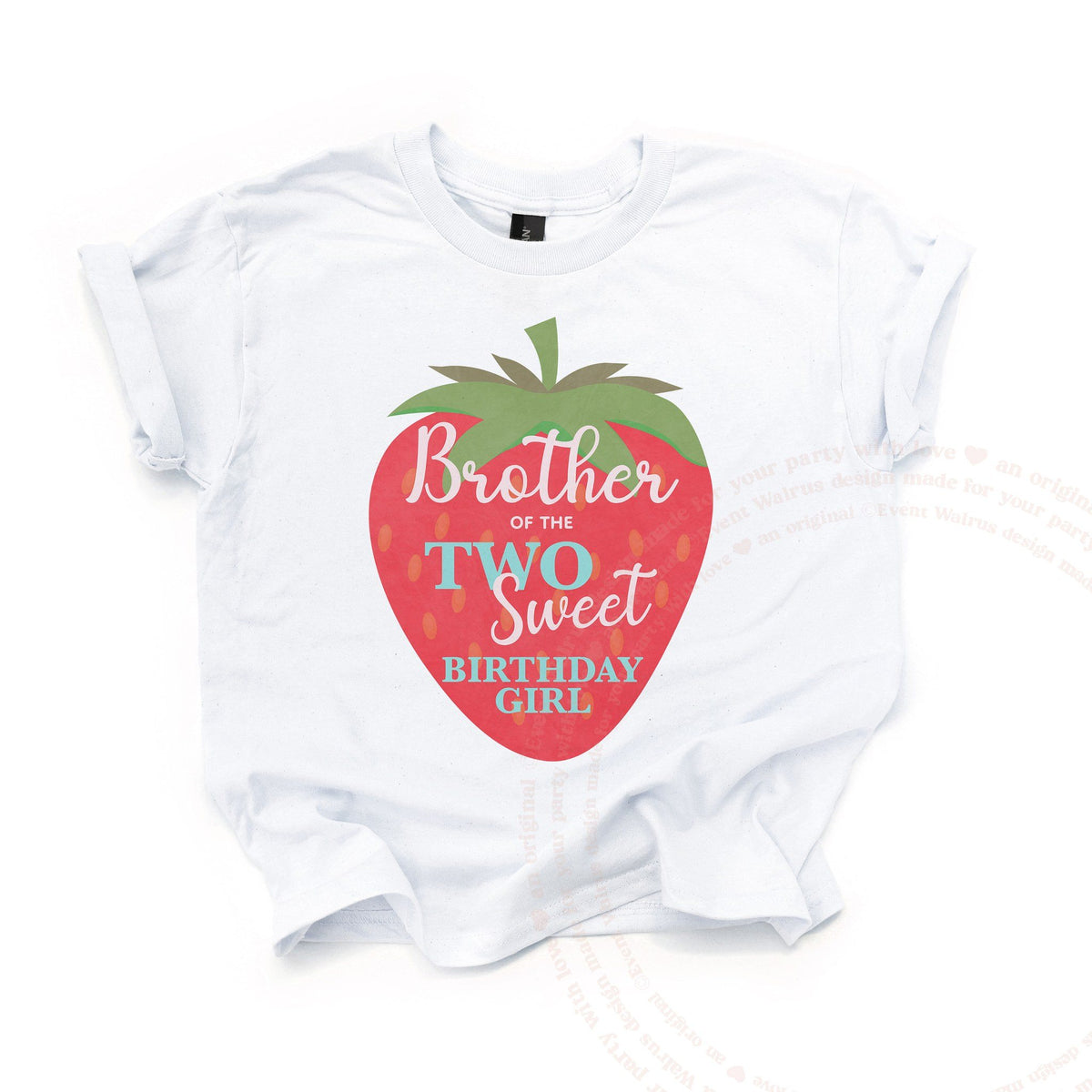 White Brother of the Two Sweet kids tee laid flat, with the big red strawberry and aqua TWO.