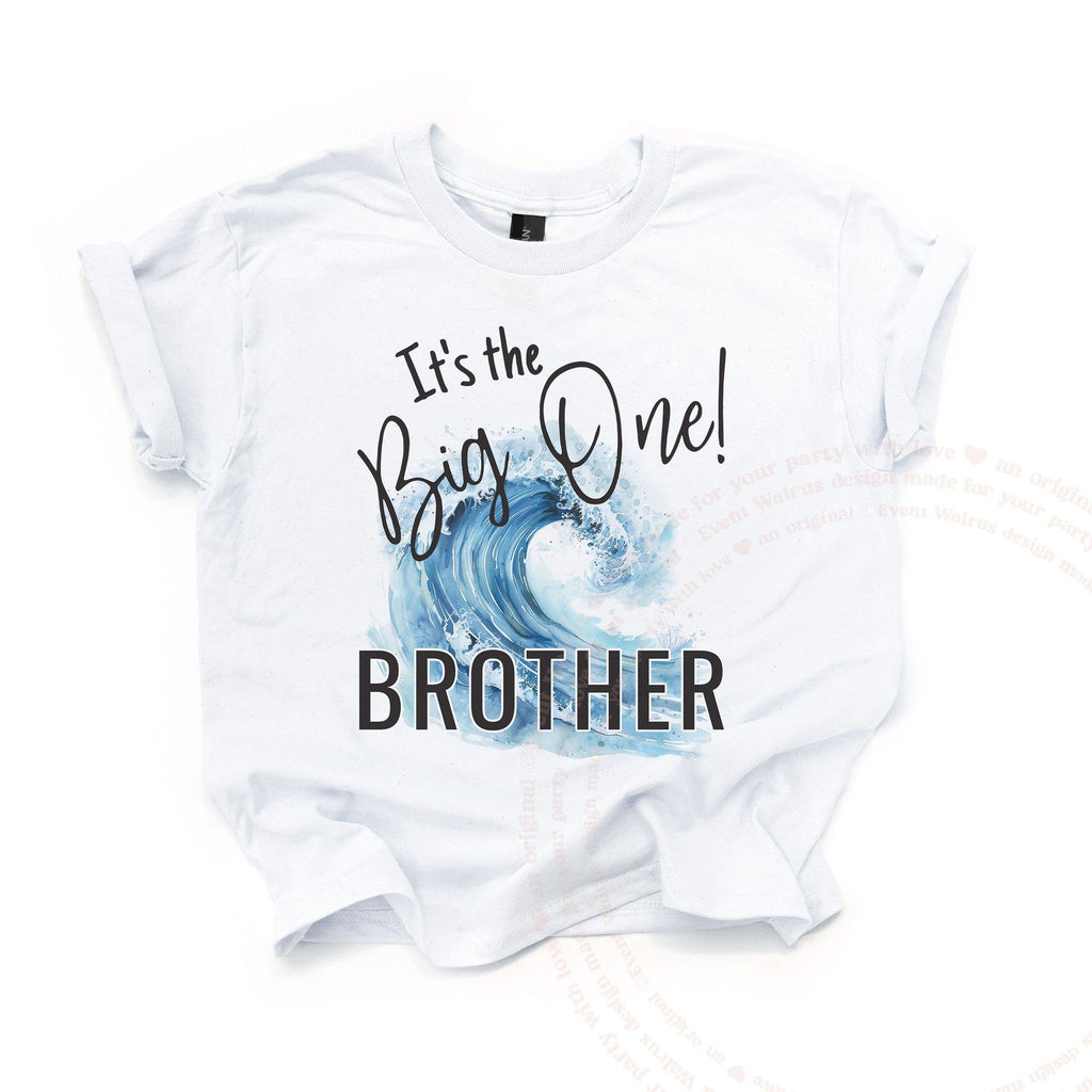 White kids It's the Big One Brother tee with a blue wave, laid flat.