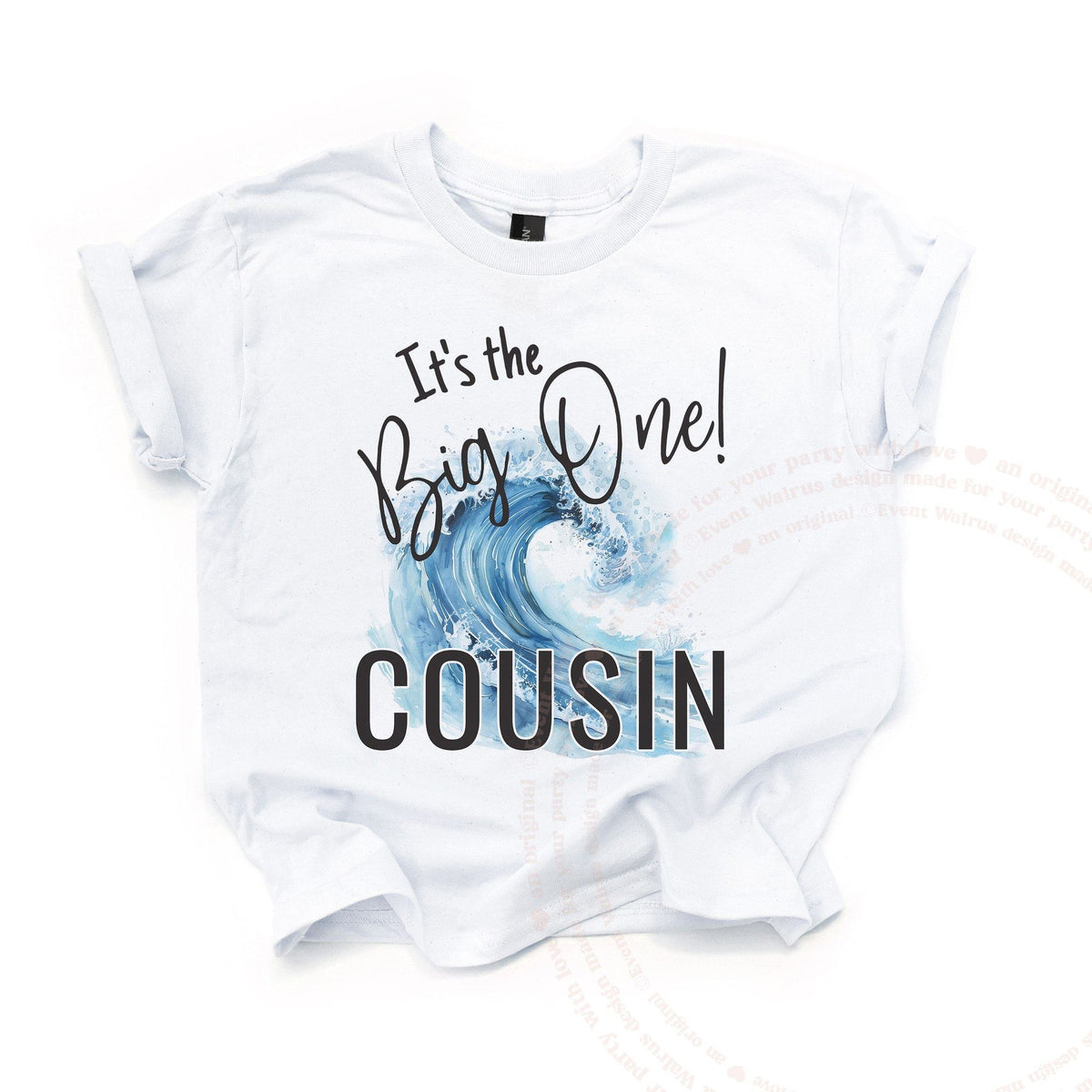 White kids It's the Big One Cousin tee with a watercolor wave, laid flat.