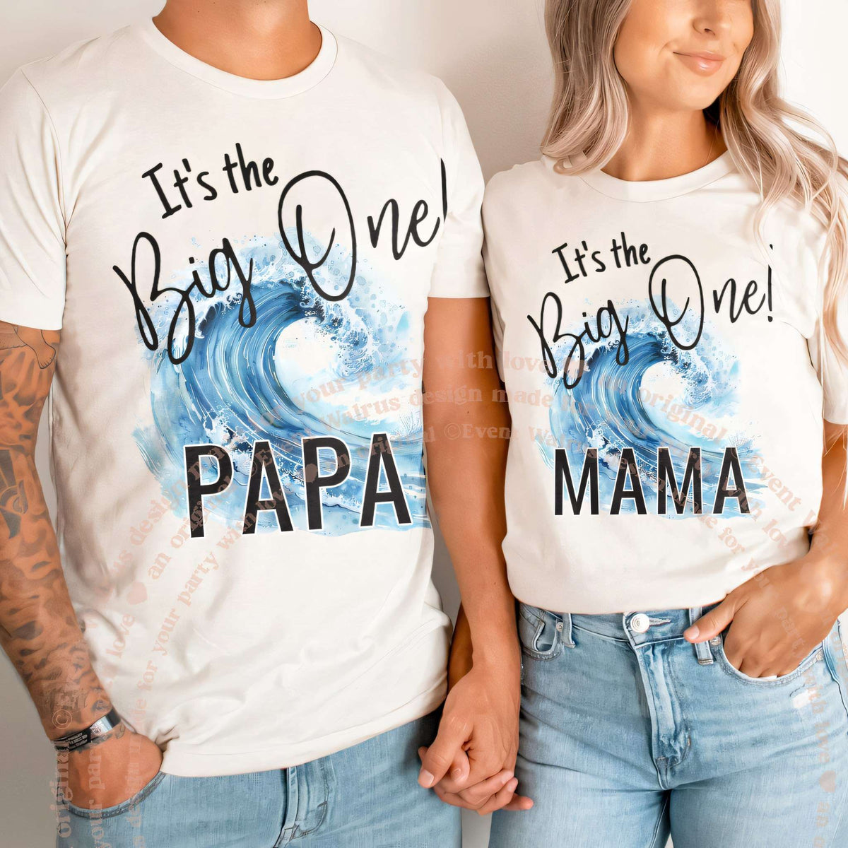 Couple in white Papa and Mama It's the Big One wave shirts.