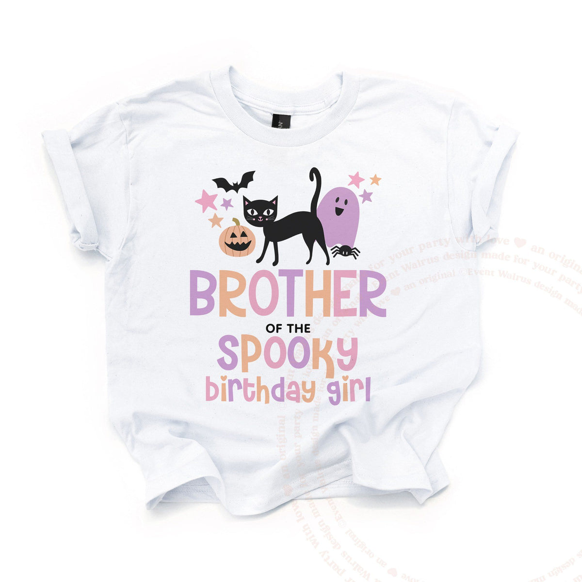 White Brother of the Spooky Birthday Girl kids tee laid flat, with the black cat, pumpkin and purple ghost.