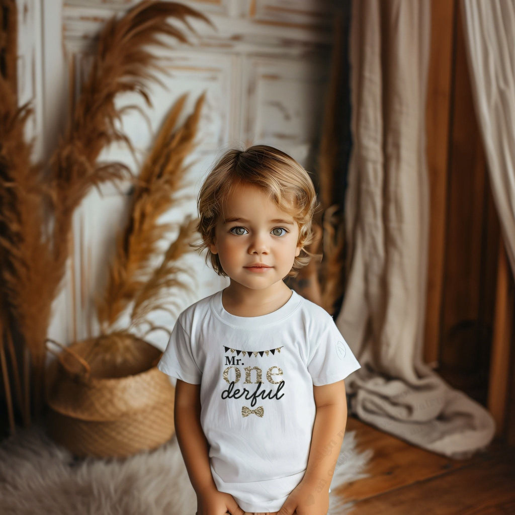 Toddler boy in a white Mr Onederful tee with gold glitter ONE and a bow tie.