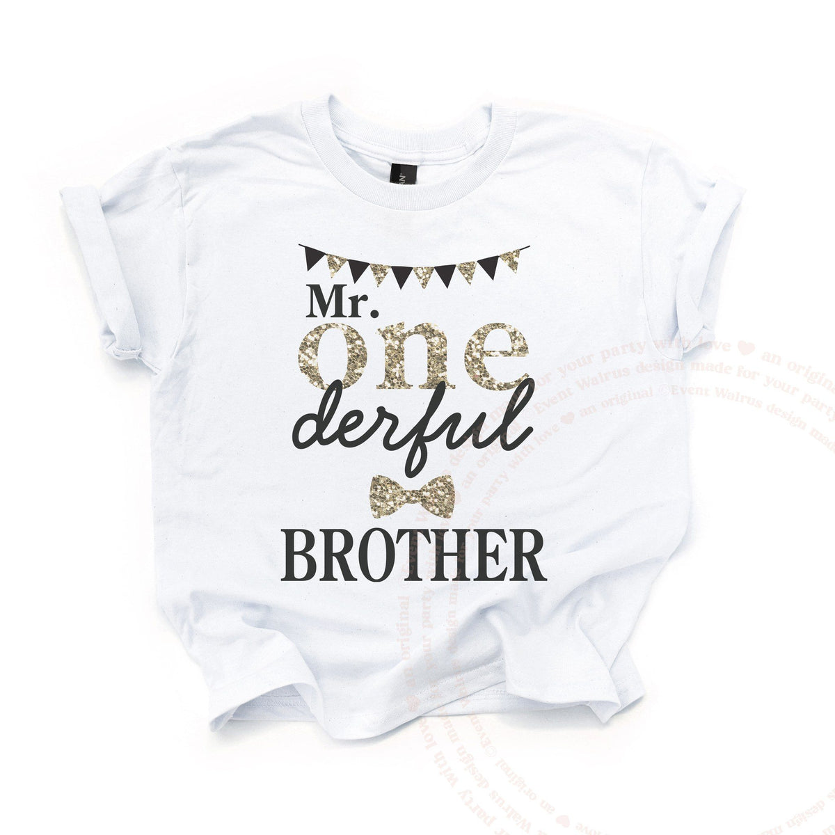 White Mr Onederful Brother kids tee laid flat, with gold glitter ONE, a banner and a bow tie.