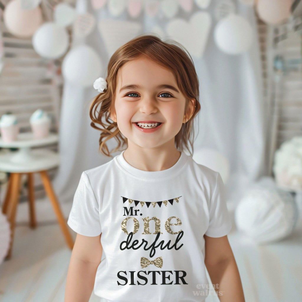 Smiling toddler girl at a party in a white Mr Onederful Sister tee.