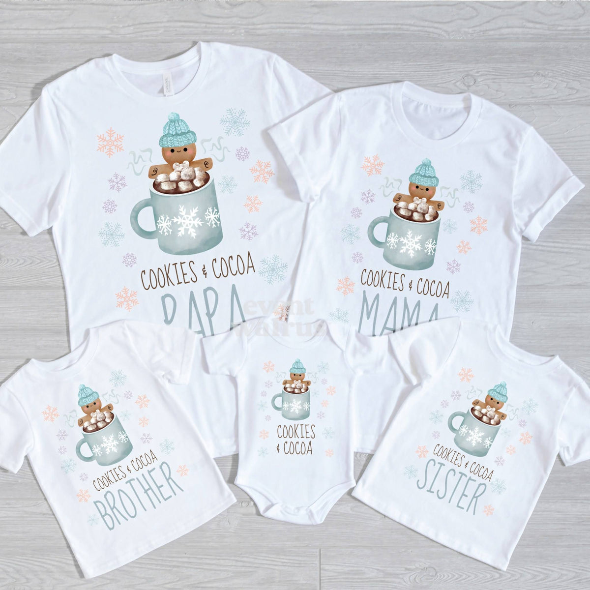 Sister and Brother Cookies and Cocoa tees laid out with Papa, Mama and the baby bodysuit.