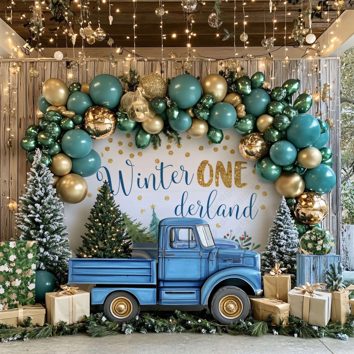 Blue pickup winter onederland backdrop on a cabin porch with a blue truck, gifts and teal and gold balloons.