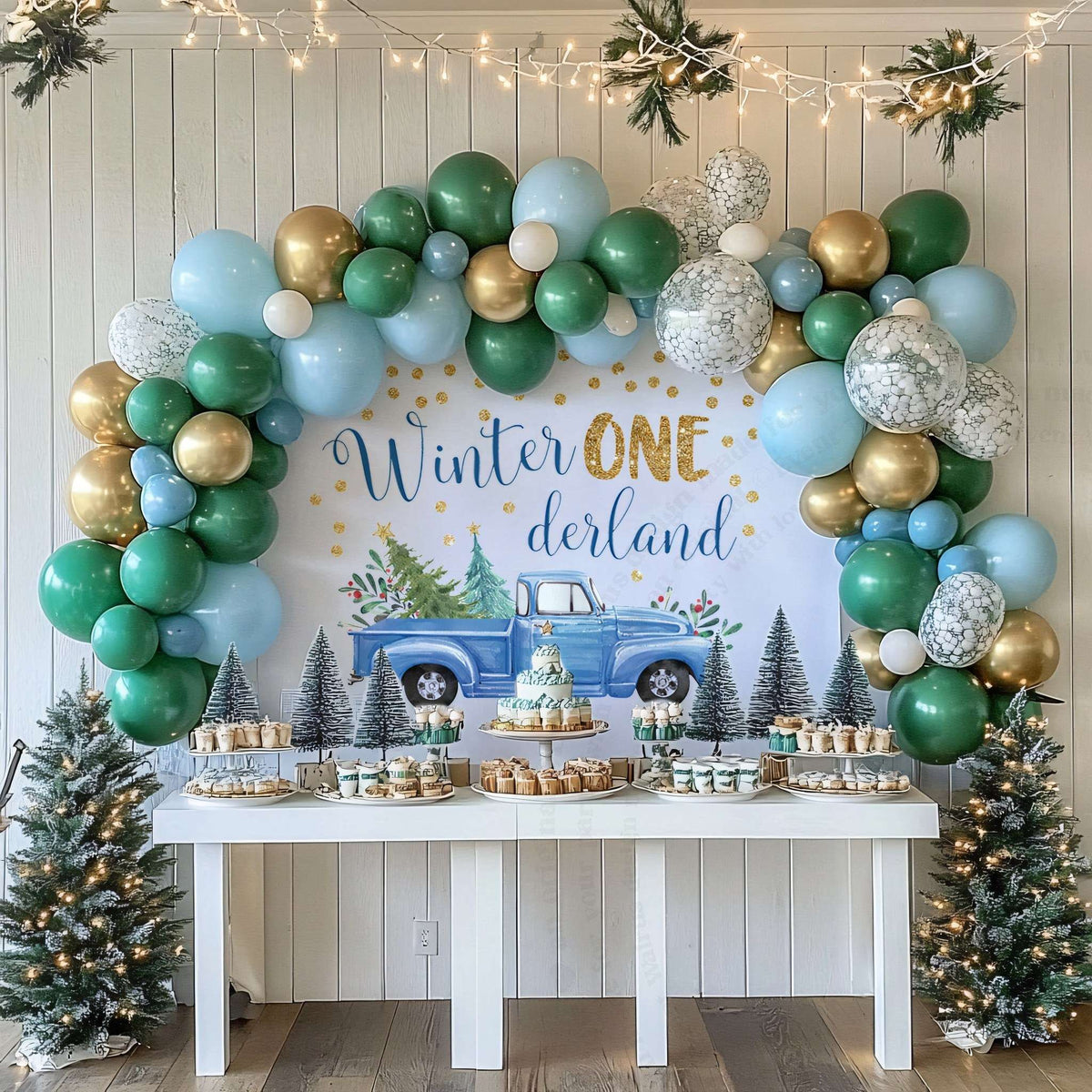 Winter onederland truck backdrop behind a white dessert table with green, blue and gold balloons.