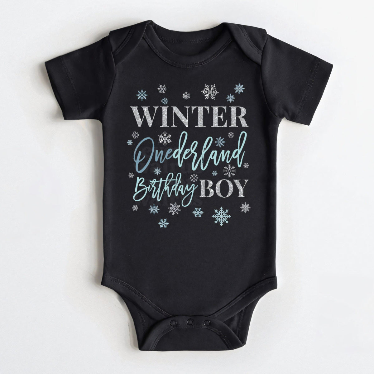 Black Winter Onederland Birthday Boy bodysuit with icy blue script.