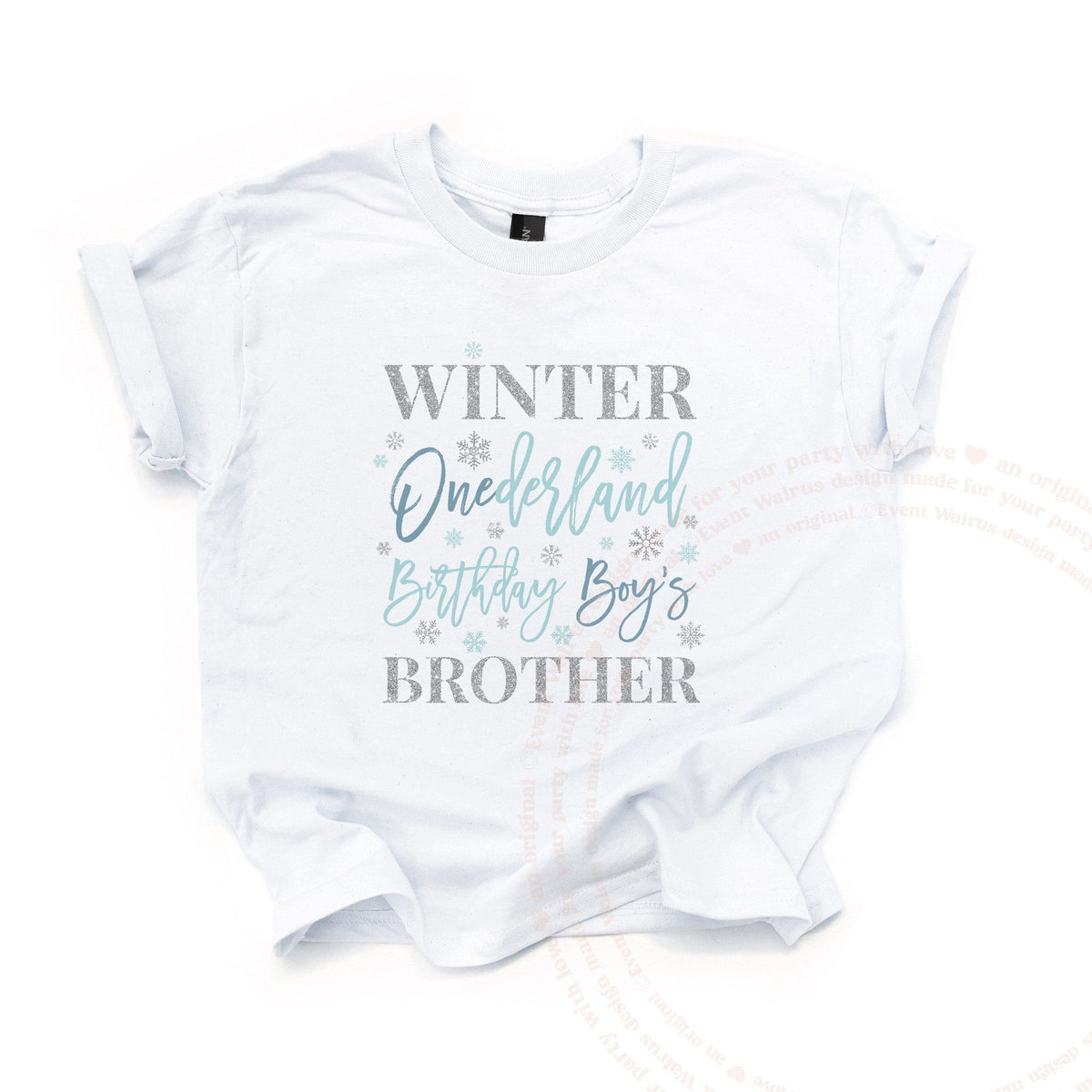 White Winter Onederland Birthday Boy's Brother kids tee laid flat, in icy blue and silver.