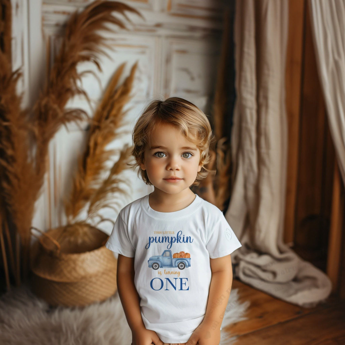 Toddler boy in a white This Little Pumpkin Is Turning One tee with a blue truck.