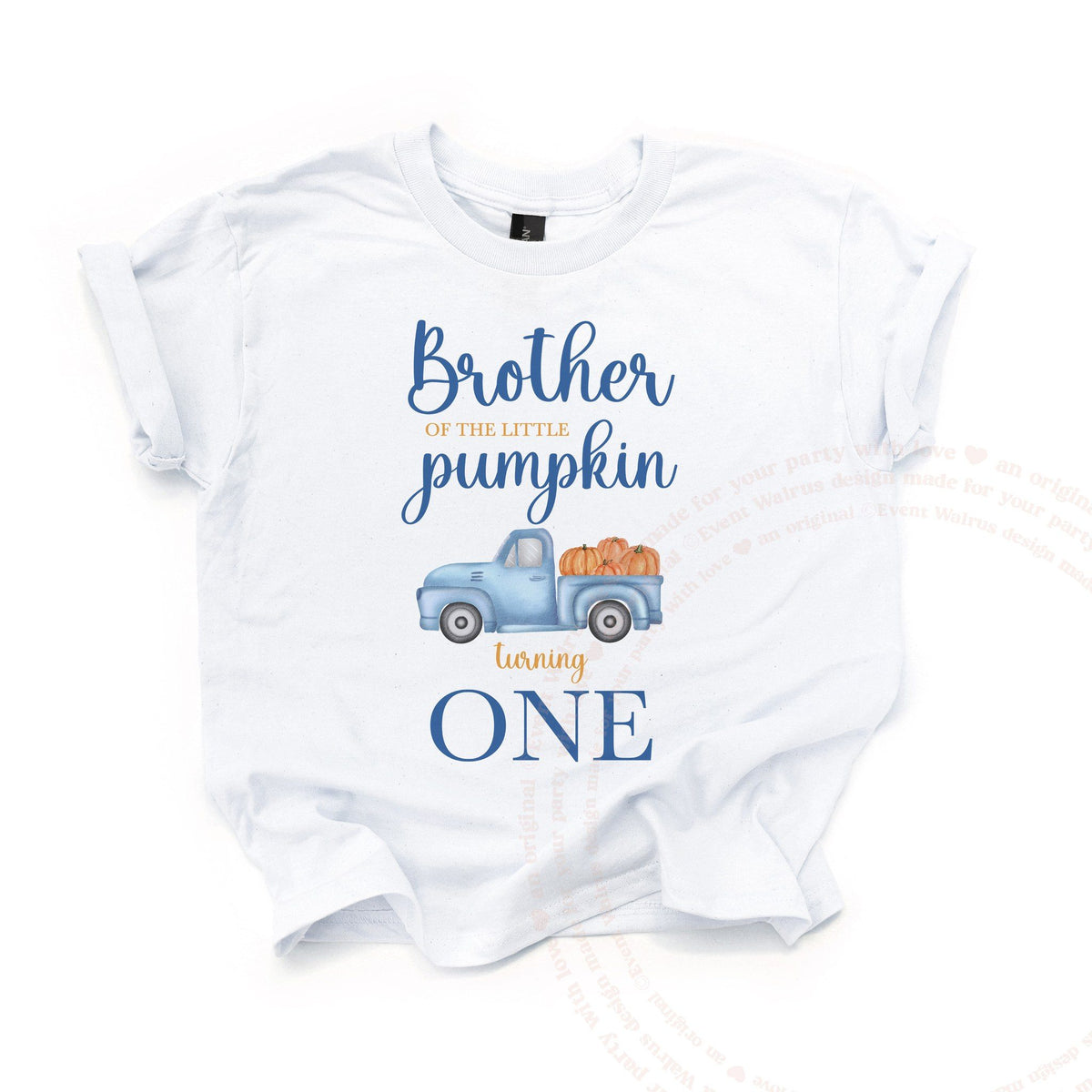 White Brother of the Little Pumpkin kids tee laid flat, with the vintage blue truck and orange pumpkins.