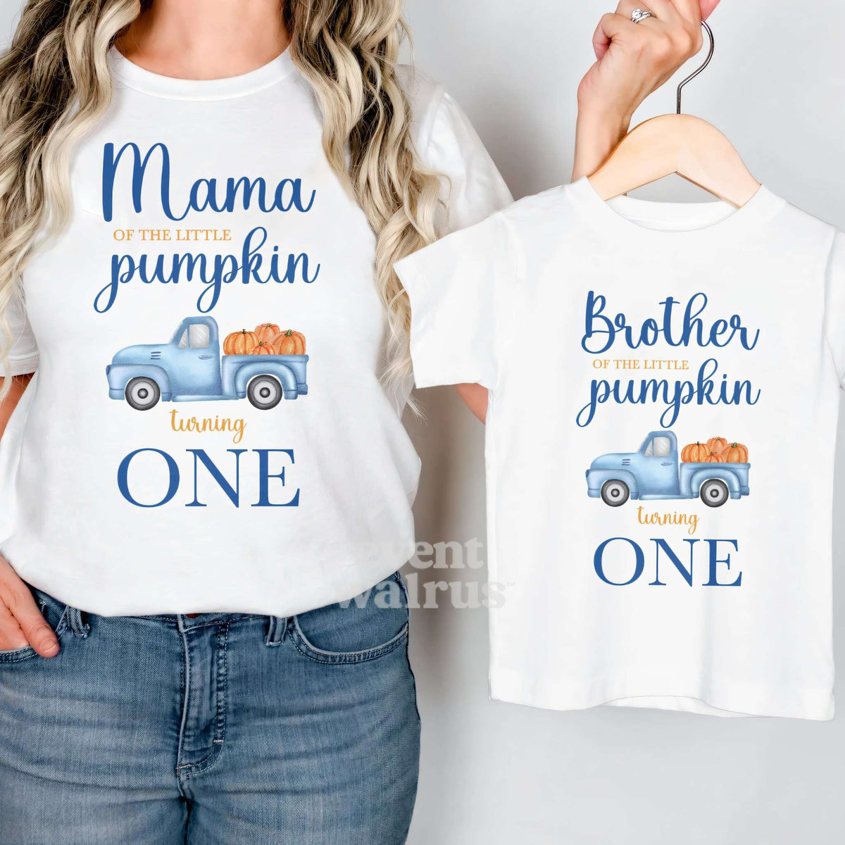 White Brother of the Little Pumpkin tee on a hanger, held up by Mom in her Mama shirt.