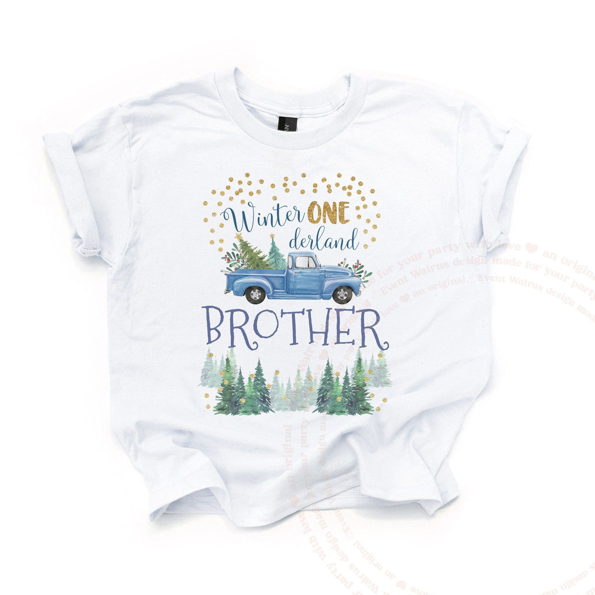 White Brother kids tee laid flat, with the blue pickup carrying a Christmas tree through snowy pines.