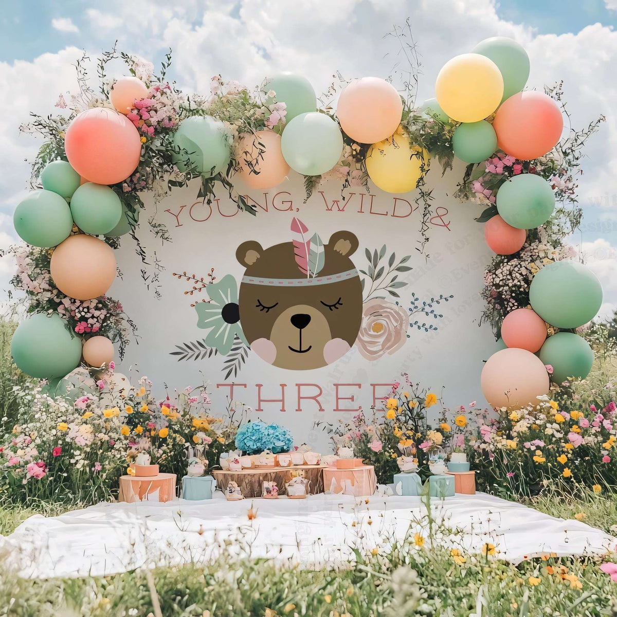 Boho bear young wild and three backdrop in a meadow with a pastel balloon garland and a picnic.