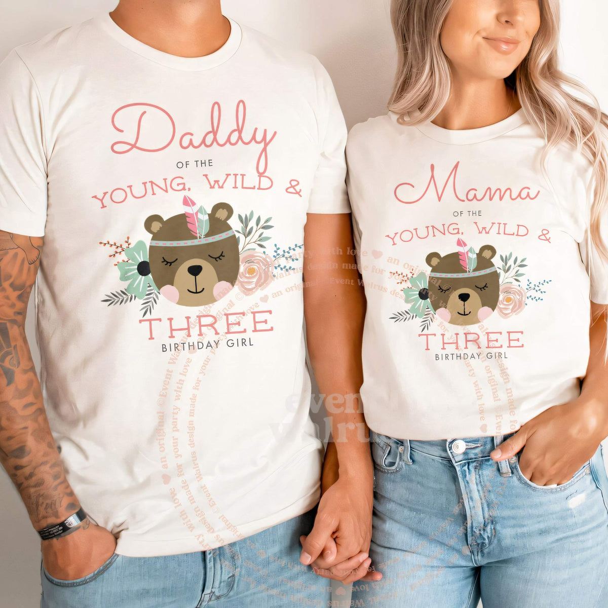 Dad and Mom holding hands in white Daddy and Mama Young, Wild and Three shirts.