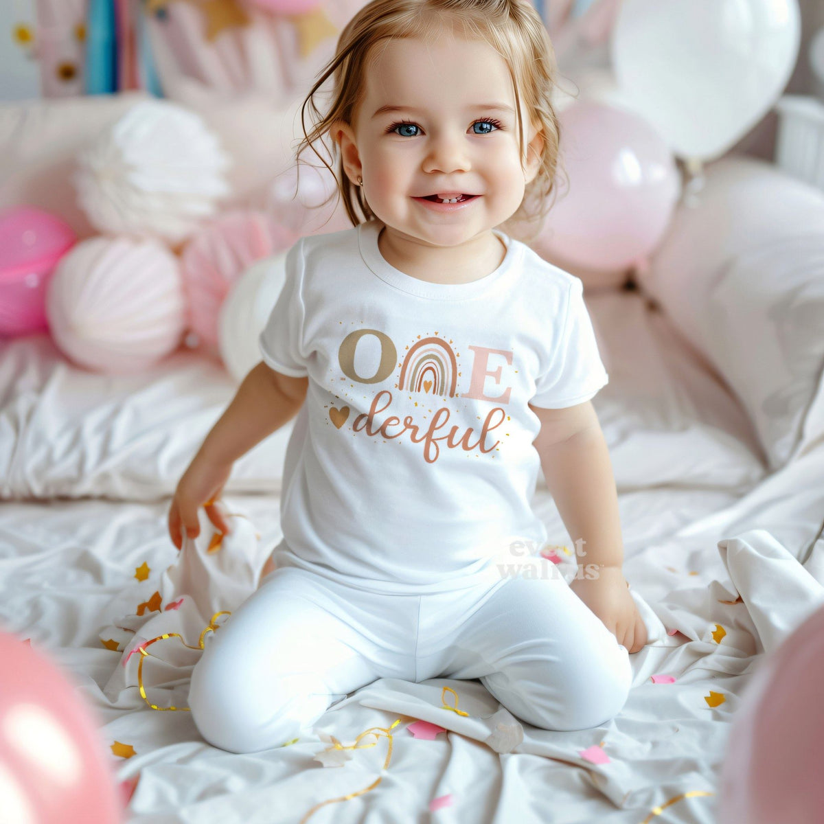 Smiling birthday girl among pink balloons in a white boho rainbow Onederful tee.