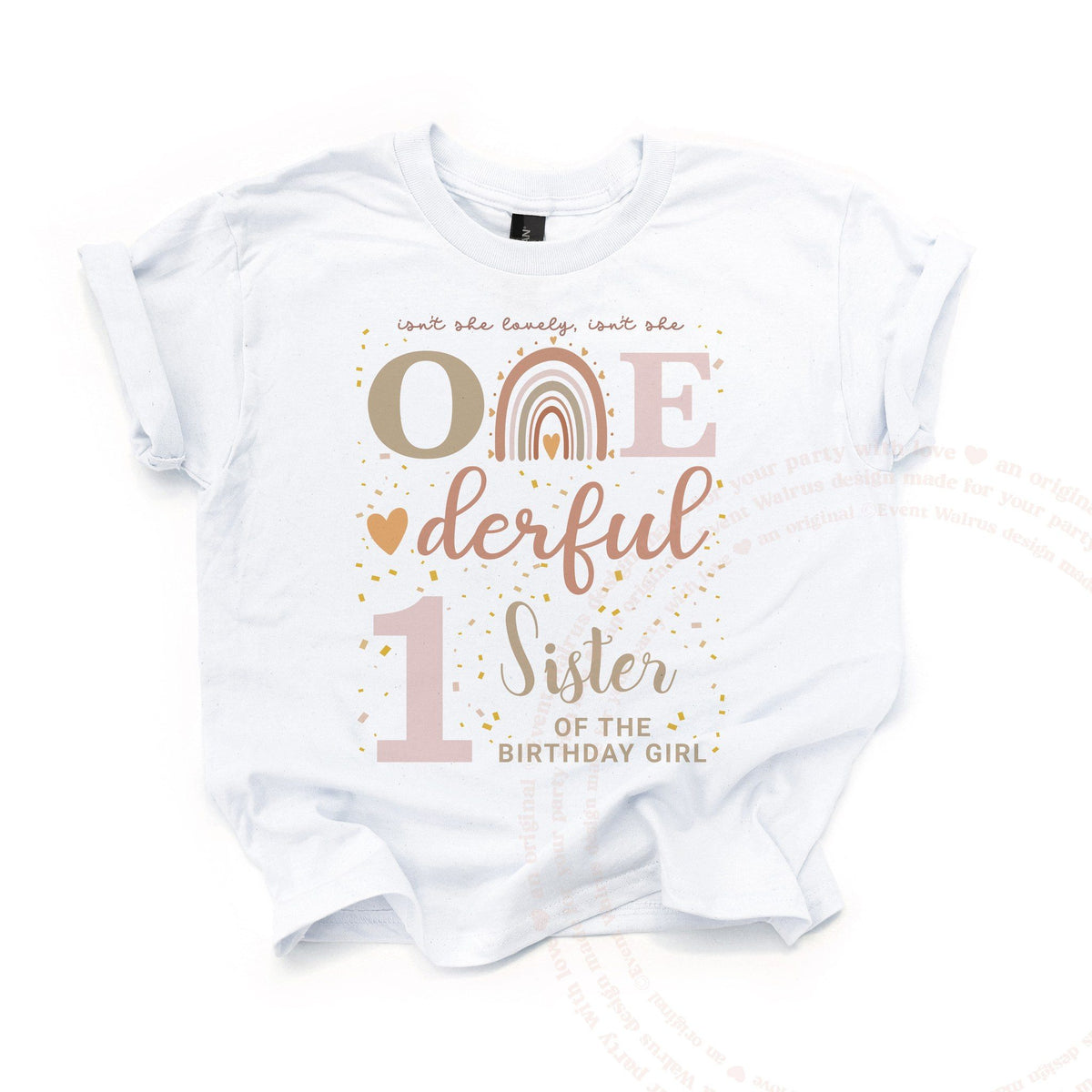 White kids Sister of the Birthday Girl tee with a boho rainbow, laid flat.