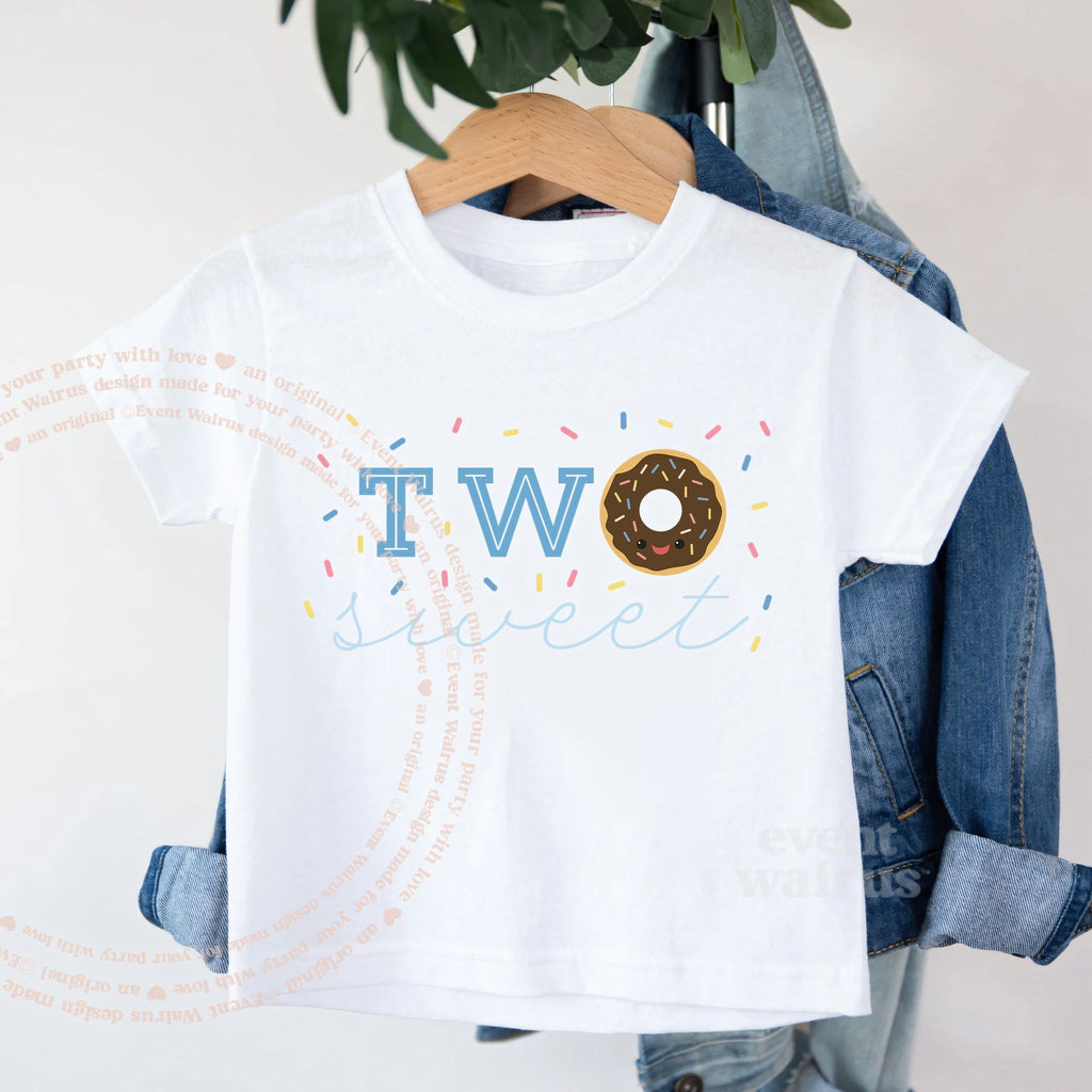 White Two Sweet toddler tee on a hanger over a denim jacket.