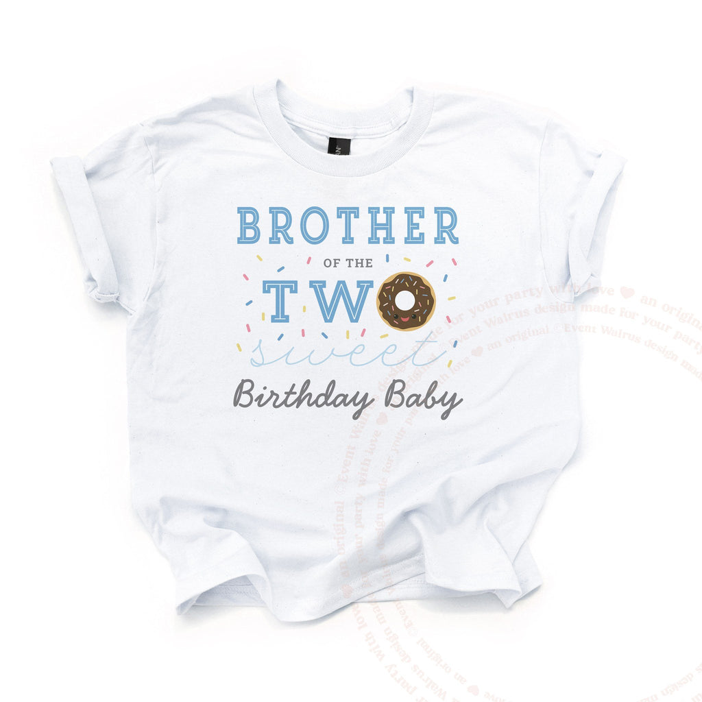 White Brother of the Two Sweet kids tee laid flat, with the chocolate donut and blue sprinkles.