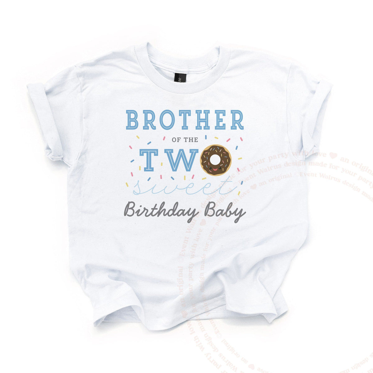 White Brother of the Two Sweet kids tee laid flat, with the chocolate donut and blue sprinkles.