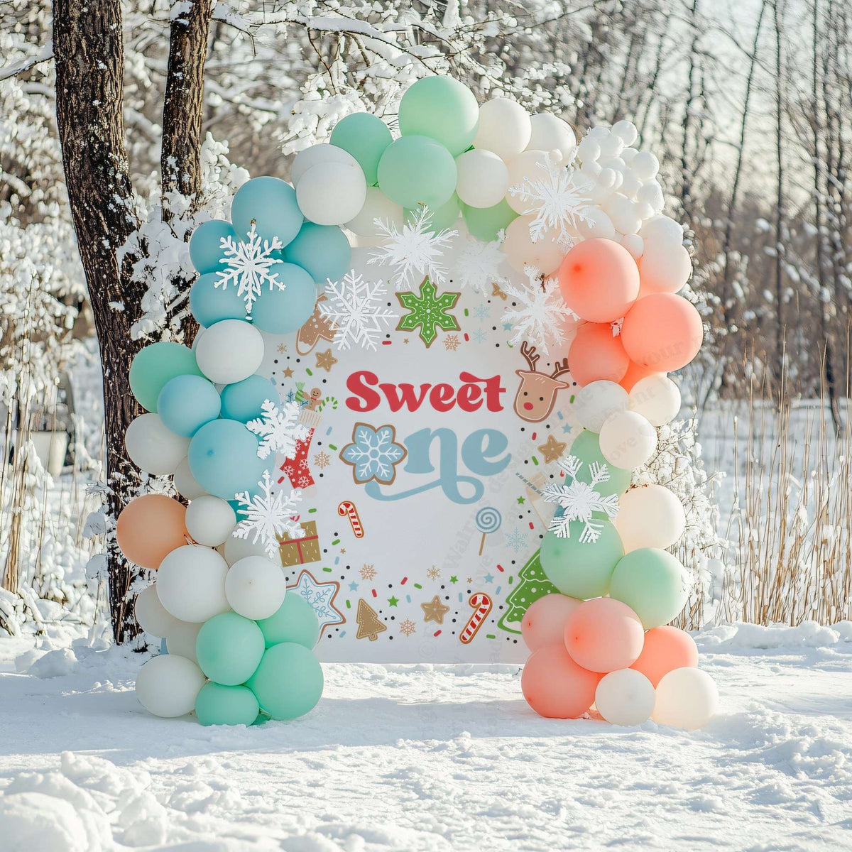Sweet One first birthday backdrop in a snowy field with mint, white and coral balloons.