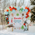 Sweet One cookie backdrop in a snowy yard with red, green and white balloons.