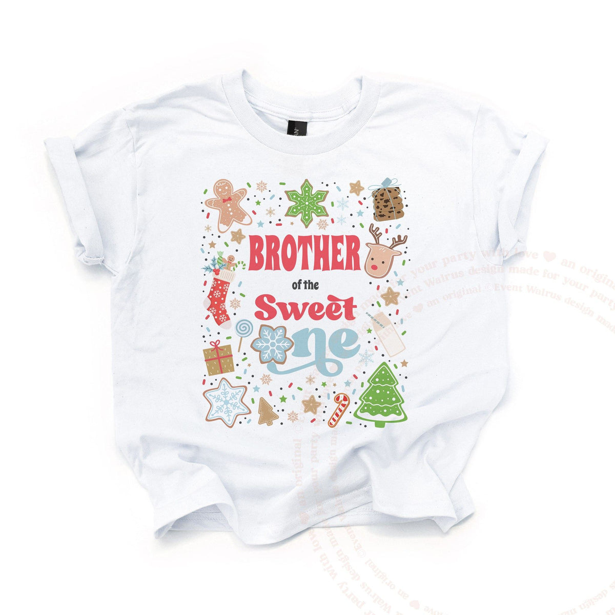White Brother of the Sweet One kids tee laid flat, covered in Christmas cookies and sprinkles.