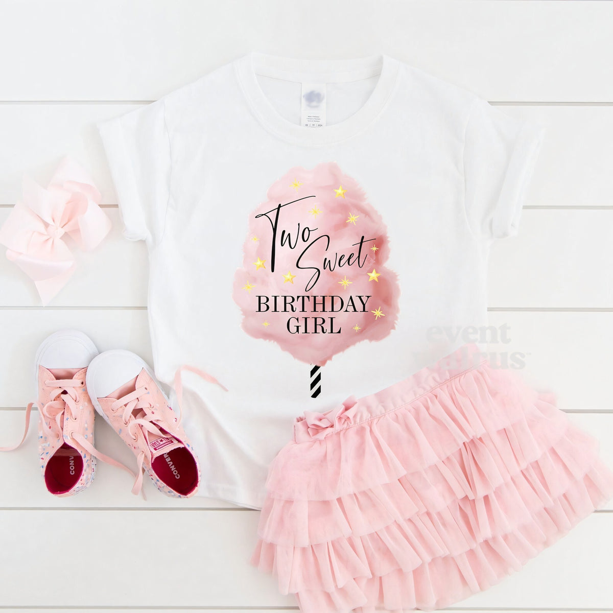 White Two Sweet Birthday Girl toddler tee laid flat with a pink tutu and sneakers.